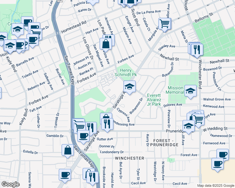 map of restaurants, bars, coffee shops, grocery stores, and more near 444 Saratoga Avenue in Santa Clara