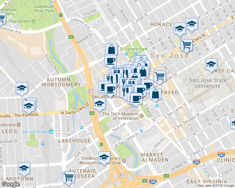 map of restaurants, bars, coffee shops, grocery stores, and more near 38 South Almaden Avenue in San Jose