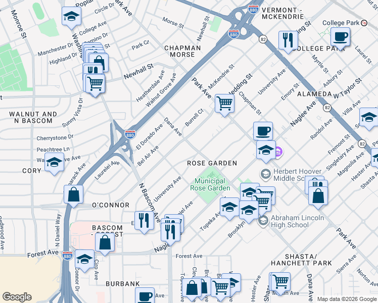 map of restaurants, bars, coffee shops, grocery stores, and more near 1621 University Way in San Jose