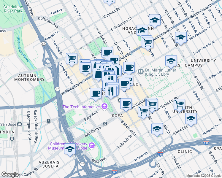 map of restaurants, bars, coffee shops, grocery stores, and more near 50 West San Fernando Street in San Jose