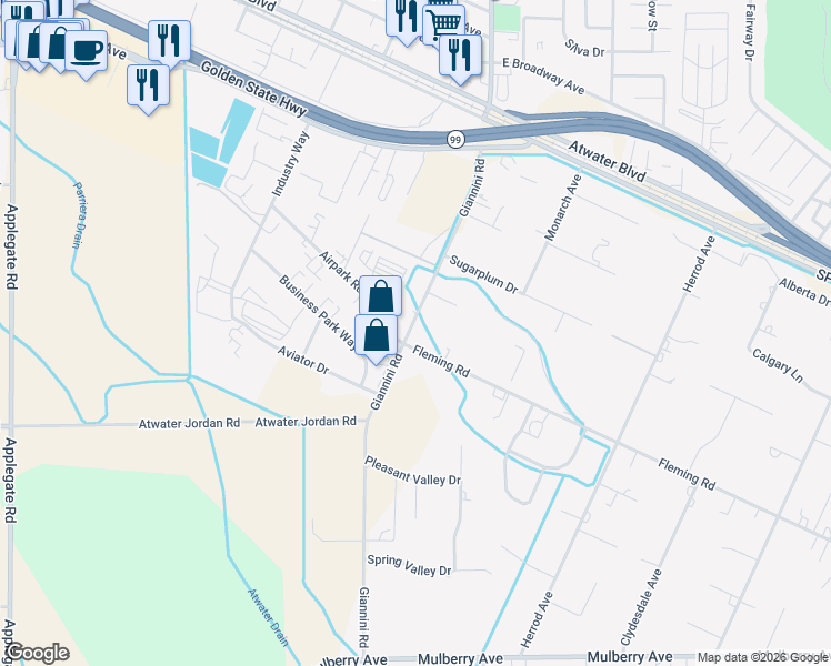 map of restaurants, bars, coffee shops, grocery stores, and more near 6144 Fleming Road in Atwater