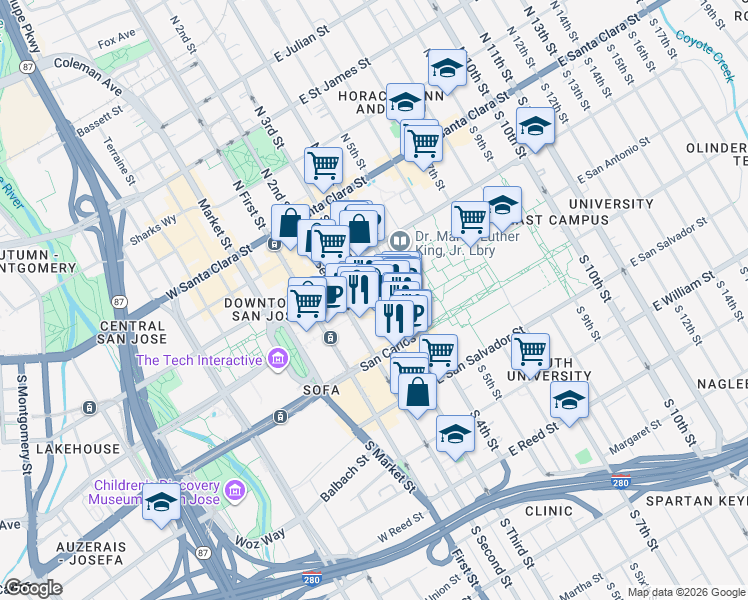 map of restaurants, bars, coffee shops, grocery stores, and more near 100 Paseo De San Antonio Walk in San Jose