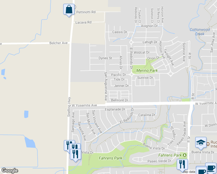 map of restaurants, bars, coffee shops, grocery stores, and more near 3715 Danco Avenue in Merced