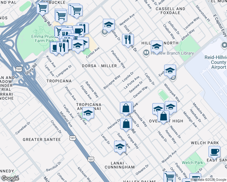 map of restaurants, bars, coffee shops, grocery stores, and more near 1627 Orlando Drive in San Jose