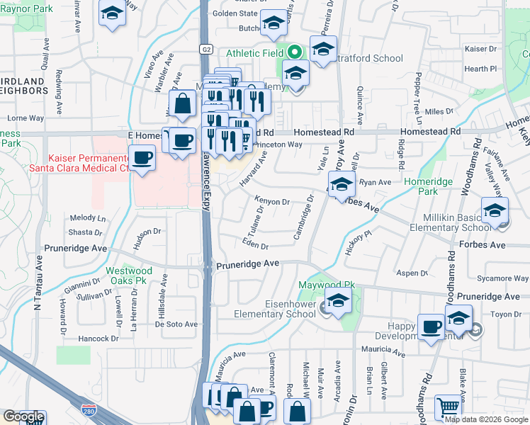 map of restaurants, bars, coffee shops, grocery stores, and more near 642 Briarcliff Court in Santa Clara