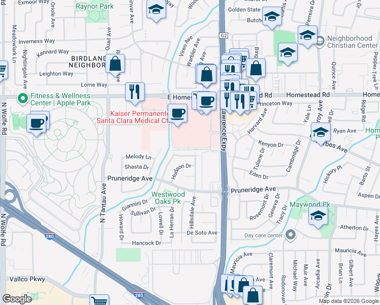 map of restaurants, bars, coffee shops, grocery stores, and more near 691 Hillsdale Avenue in Santa Clara