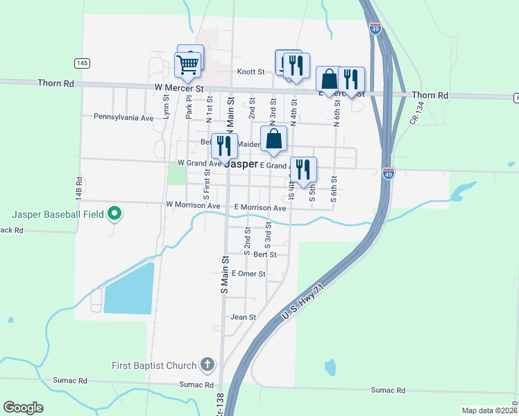 map of restaurants, bars, coffee shops, grocery stores, and more near 310 South 2nd Street in Jasper