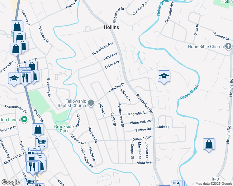 map of restaurants, bars, coffee shops, grocery stores, and more near 5671 Meadowcrest Street in Hollins