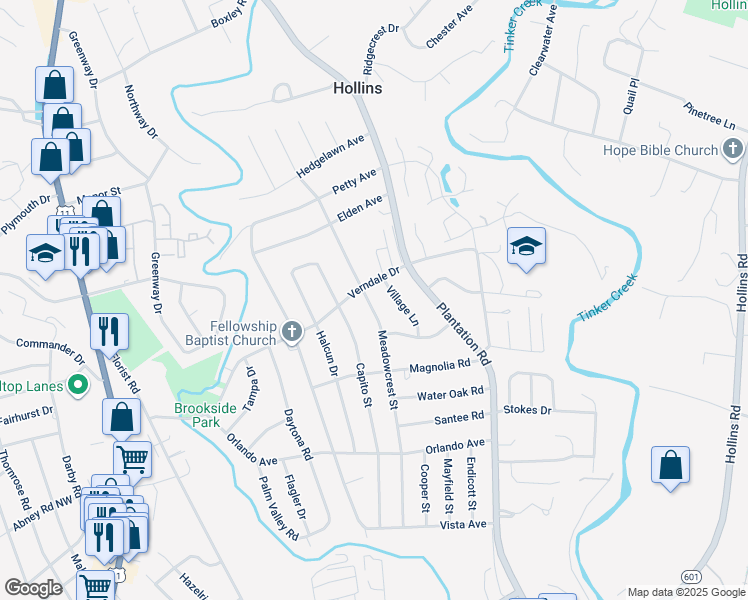 map of restaurants, bars, coffee shops, grocery stores, and more near 5671 Meadowcrest Street in Hollins