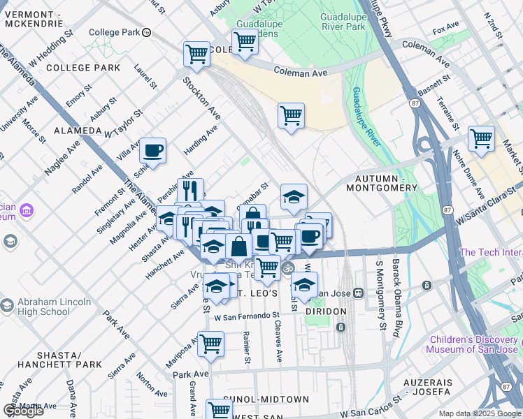 map of restaurants, bars, coffee shops, grocery stores, and more near Jack Place in San Jose