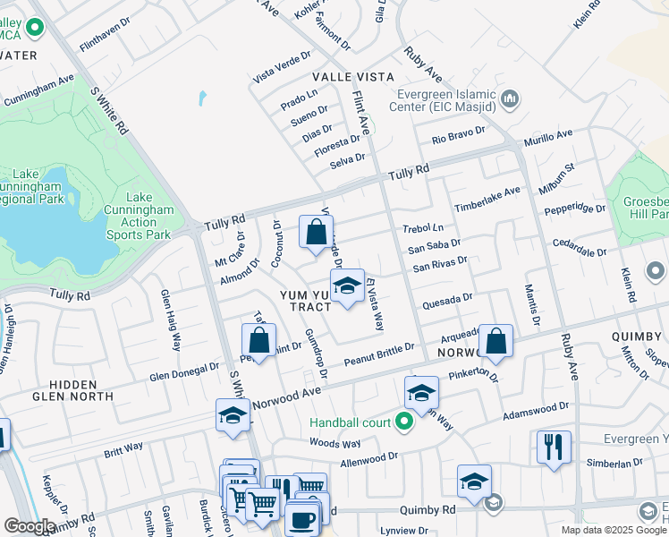 map of restaurants, bars, coffee shops, grocery stores, and more near 2689 Vista Verde Drive in San Jose
