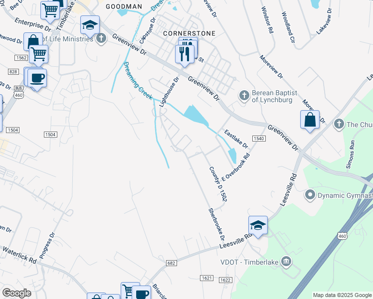 map of restaurants, bars, coffee shops, grocery stores, and more near 174 Cape Charles Square in Lynchburg