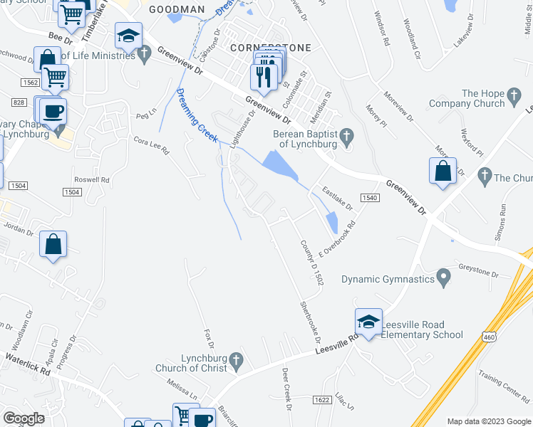 map of restaurants, bars, coffee shops, grocery stores, and more near 174 Cape Charles Square in Lynchburg