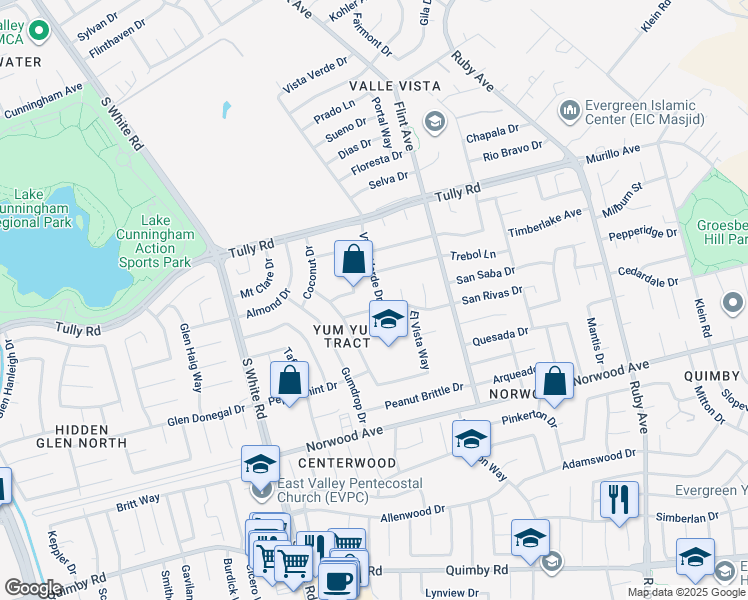 map of restaurants, bars, coffee shops, grocery stores, and more near 2689 Vista Verde Drive in San Jose