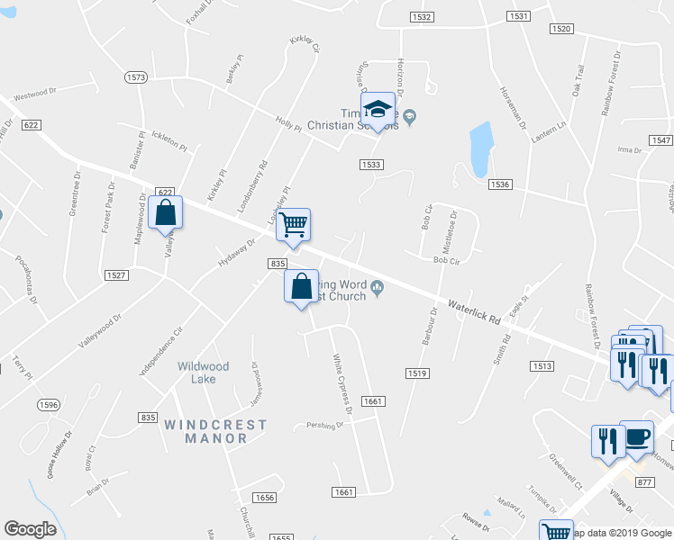 map of restaurants, bars, coffee shops, grocery stores, and more near 4264 Waterlick Road in Forest