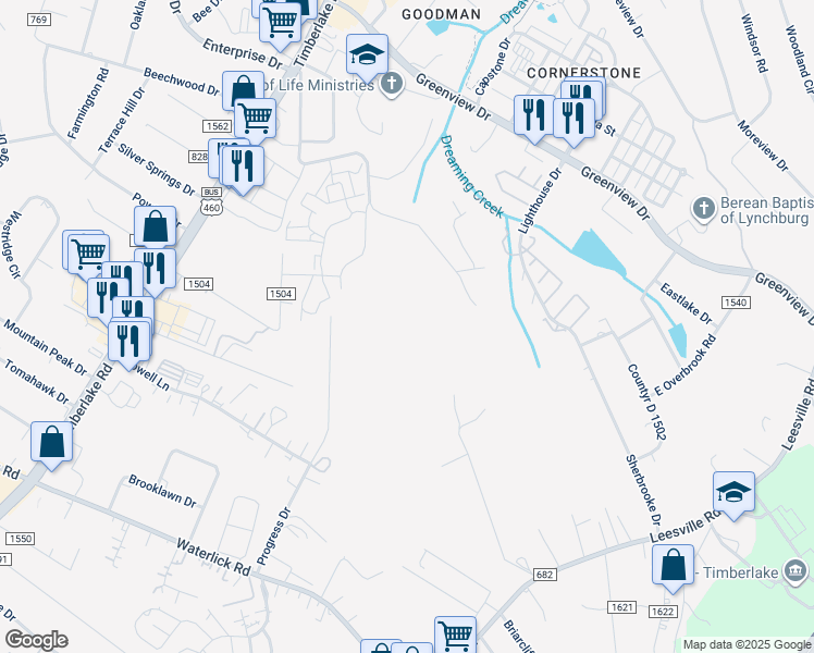 map of restaurants, bars, coffee shops, grocery stores, and more near 379 Cora Lee Road in Lynchburg