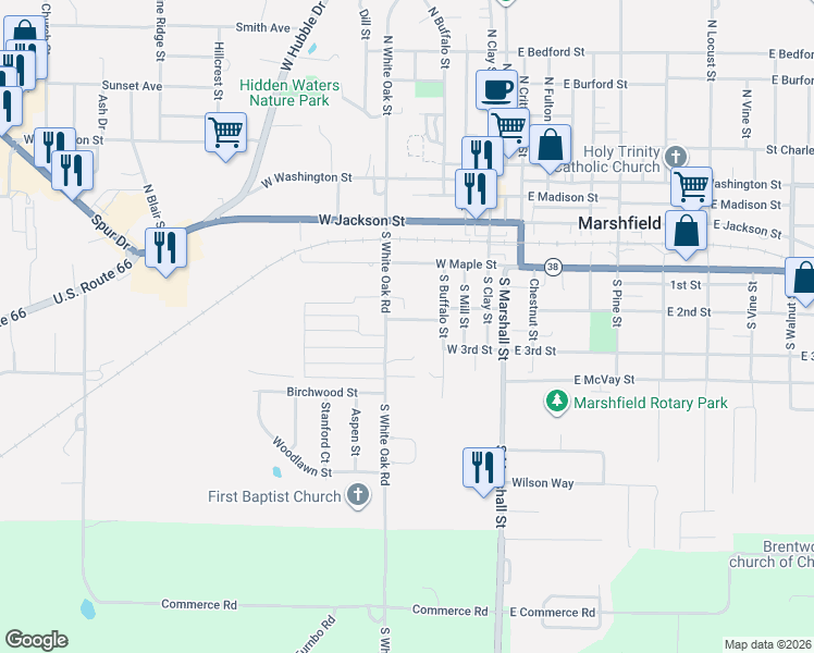 map of restaurants, bars, coffee shops, grocery stores, and more near 554-570 South White Oak Road in Marshfield