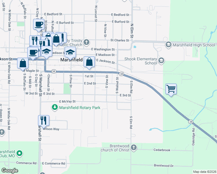 map of restaurants, bars, coffee shops, grocery stores, and more near 516 South Vine Street in Marshfield