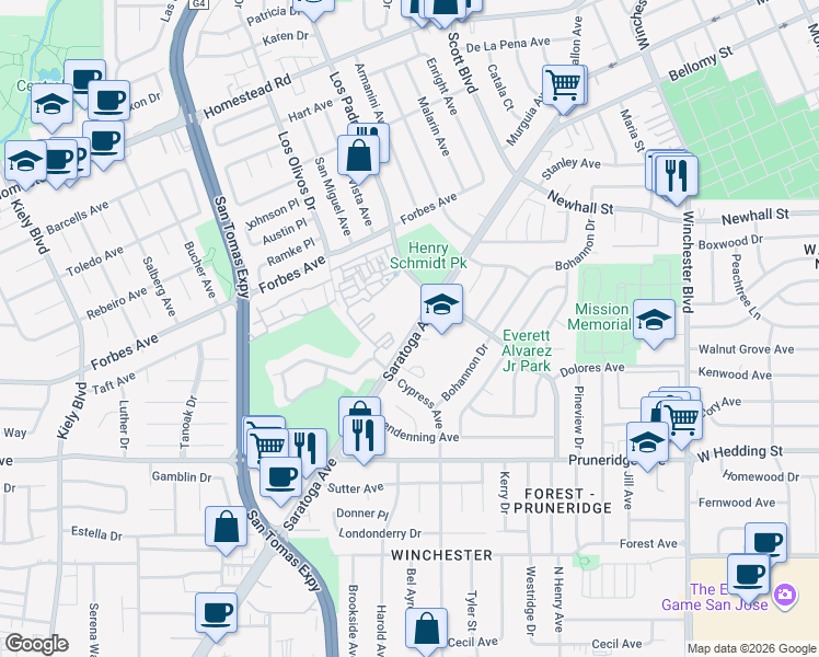map of restaurants, bars, coffee shops, grocery stores, and more near 444 Saratoga Avenue in Santa Clara