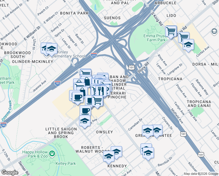 map of restaurants, bars, coffee shops, grocery stores, and more near 1271 Story Rd in San Jose