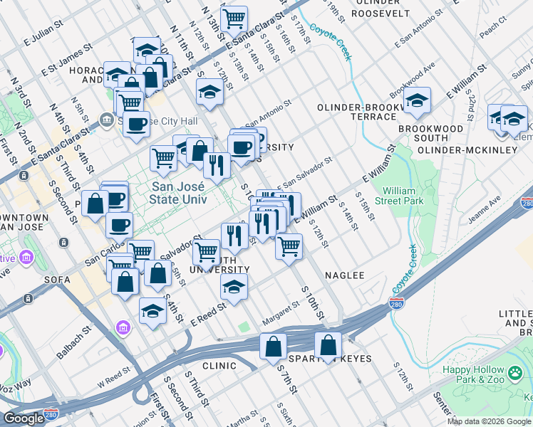 map of restaurants, bars, coffee shops, grocery stores, and more near 440 South 10th Street in San Jose