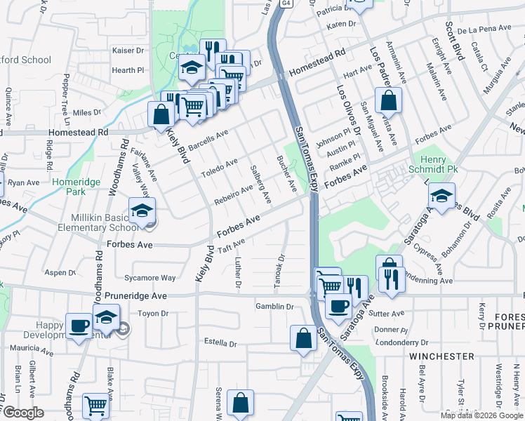 map of restaurants, bars, coffee shops, grocery stores, and more near 2698 Forbes Avenue in Santa Clara