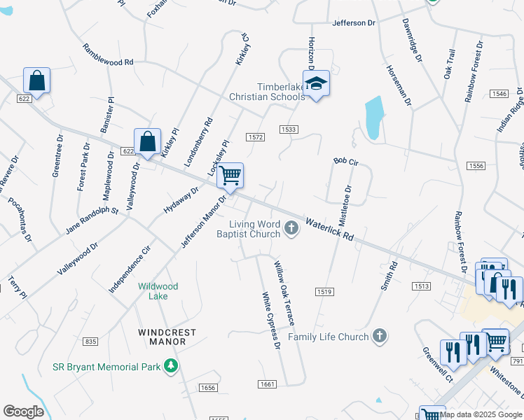 map of restaurants, bars, coffee shops, grocery stores, and more near 4264 Waterlick Road in Forest