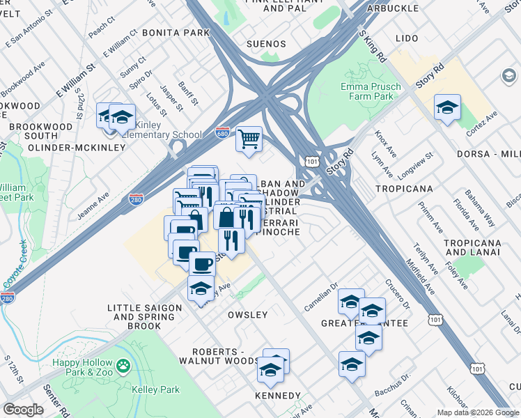 map of restaurants, bars, coffee shops, grocery stores, and more near 1271 Story Road in San Jose