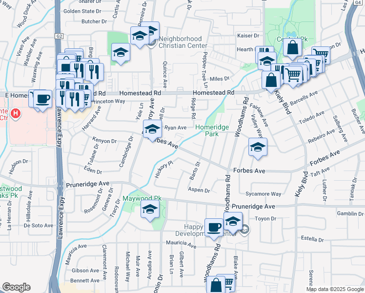 map of restaurants, bars, coffee shops, grocery stores, and more near 3056 Forbes Avenue in Santa Clara
