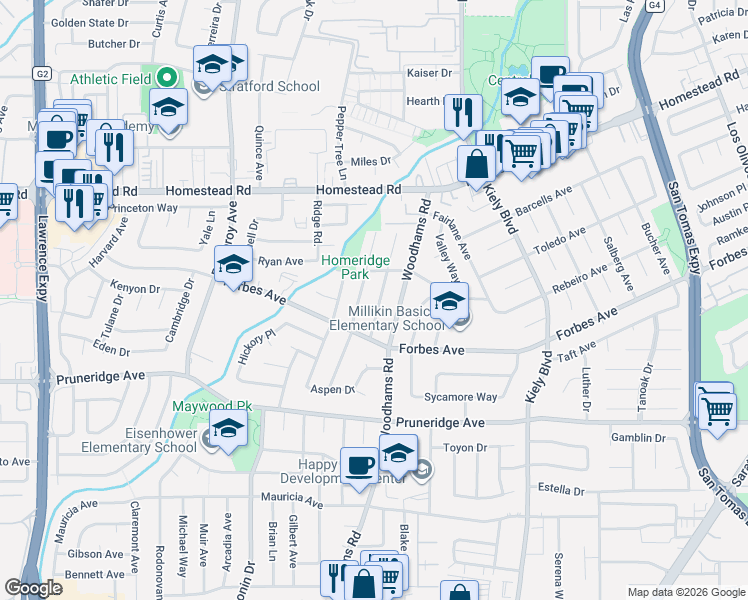 map of restaurants, bars, coffee shops, grocery stores, and more near 660 Hamilton Lane in Santa Clara
