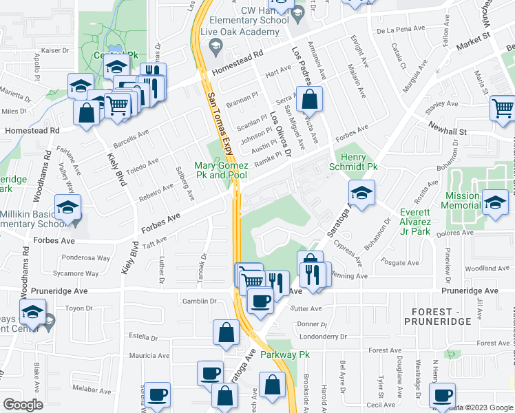 map of restaurants, bars, coffee shops, grocery stores, and more near 2464 Rebecca Lynn Way in Santa Clara