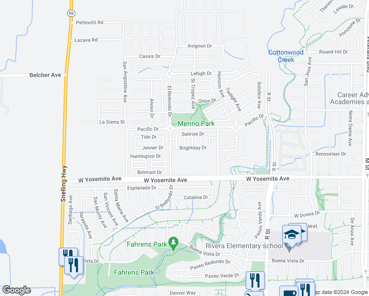 map of restaurants, bars, coffee shops, grocery stores, and more near 1275 Brightday Drive in Merced