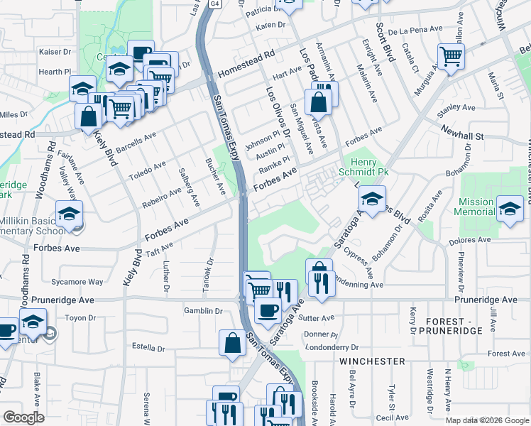 map of restaurants, bars, coffee shops, grocery stores, and more near 2464 Rebecca Lynn Way in Santa Clara
