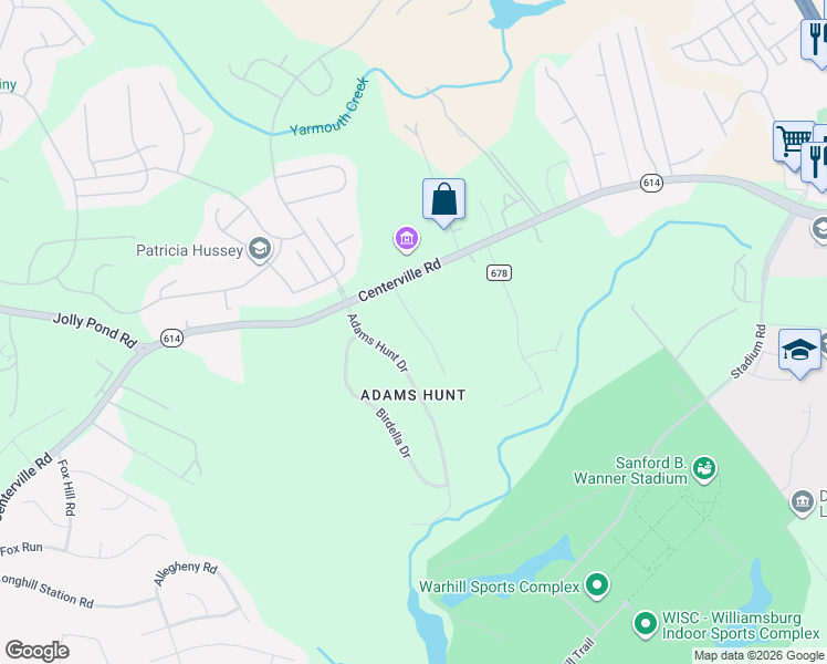 map of restaurants, bars, coffee shops, grocery stores, and more near 6225 Adams Hunt Drive in Williamsburg