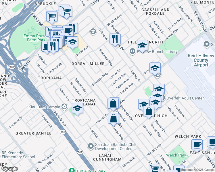 map of restaurants, bars, coffee shops, grocery stores, and more near 1755 La Porte Avenue in San Jose