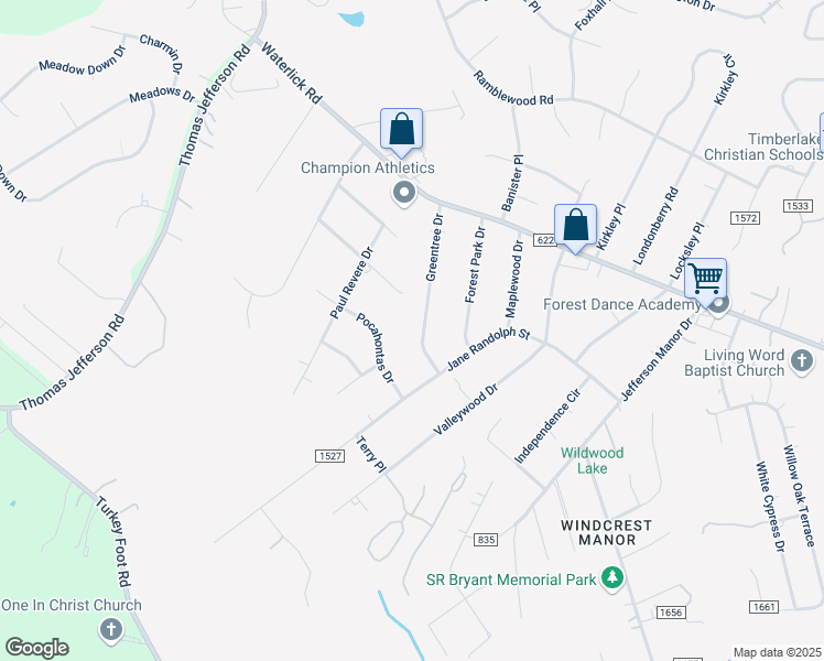 map of restaurants, bars, coffee shops, grocery stores, and more near 207 Greentree Drive in Forest
