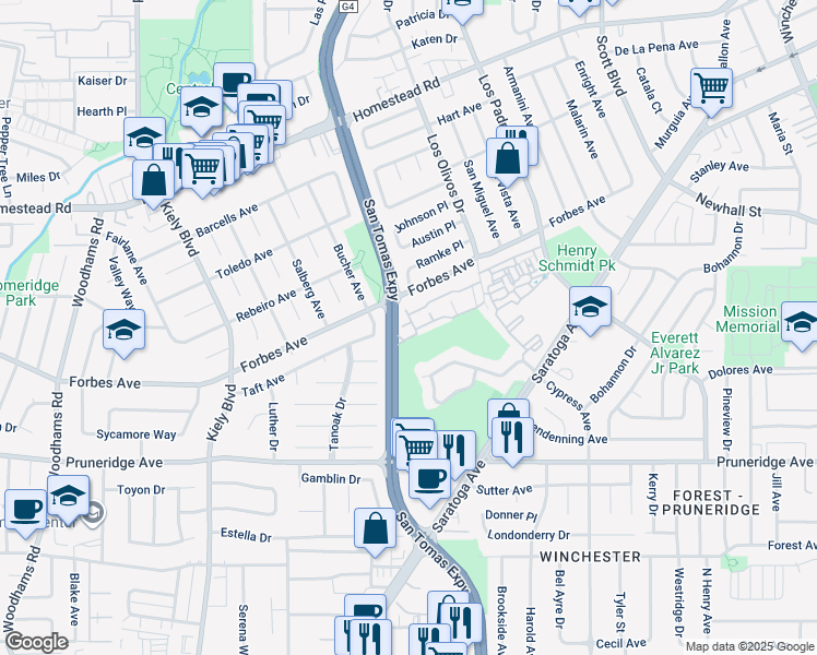 map of restaurants, bars, coffee shops, grocery stores, and more near 584 Valeri Ruth Court in Santa Clara
