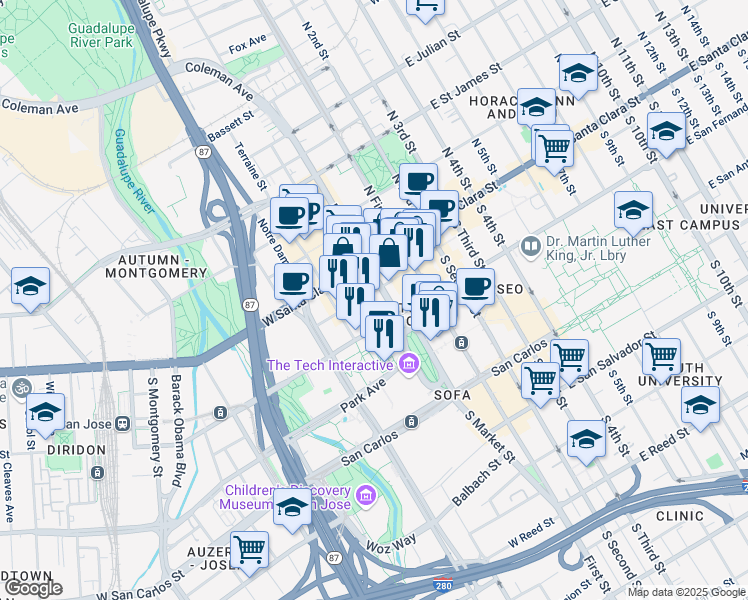 map of restaurants, bars, coffee shops, grocery stores, and more near 121 South Market Street in San Jose