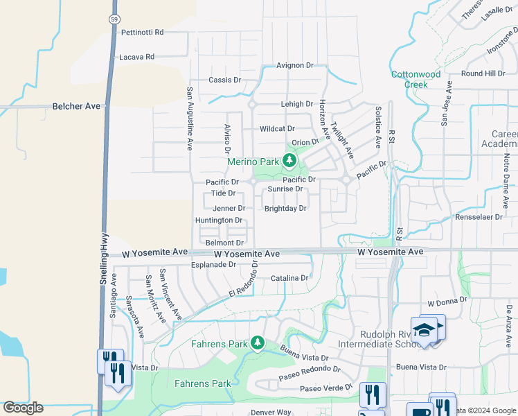 map of restaurants, bars, coffee shops, grocery stores, and more near 3719 Morningside Avenue in Merced