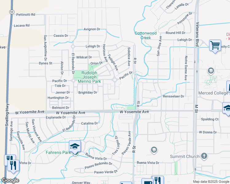 map of restaurants, bars, coffee shops, grocery stores, and more near 1175 East Yosemite Avenue in Merced
