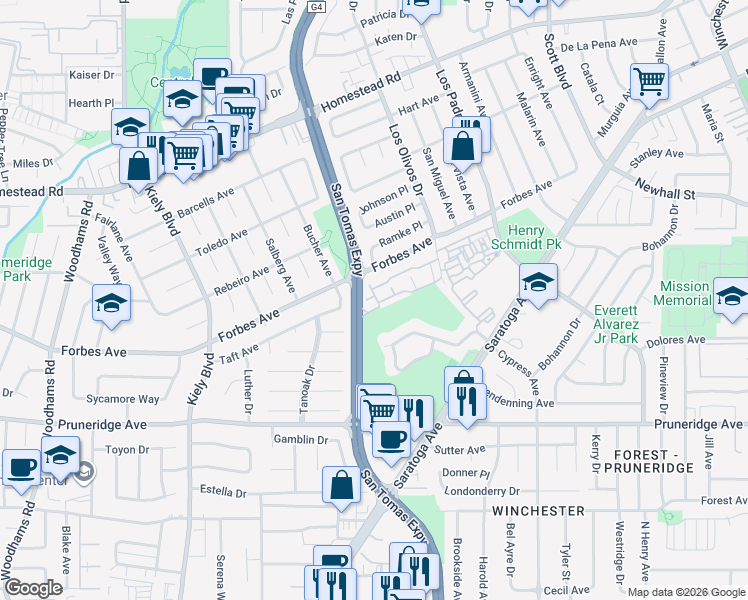 map of restaurants, bars, coffee shops, grocery stores, and more near 582 Valeri Ruth Court in Santa Clara