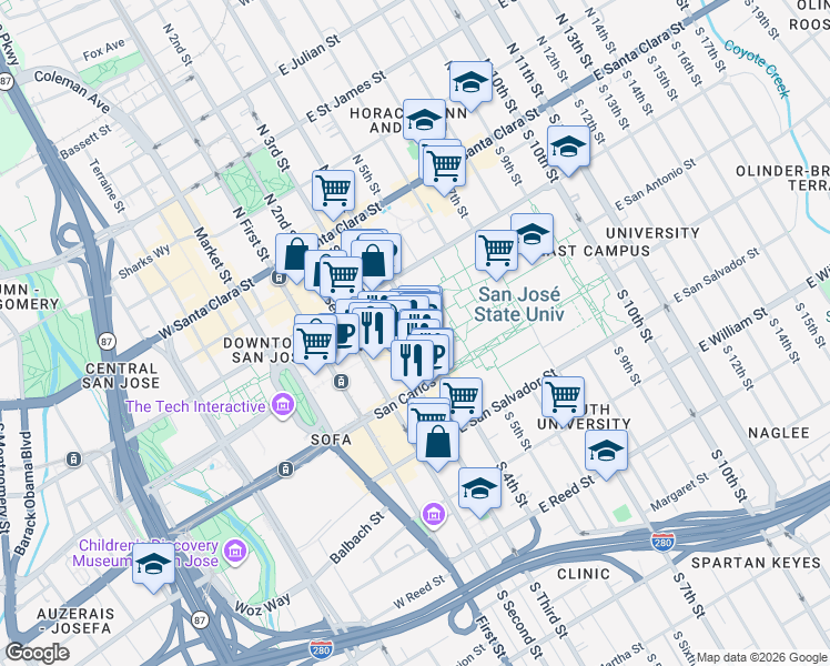 map of restaurants, bars, coffee shops, grocery stores, and more near 110 Paseo de San Antonio in San Jose