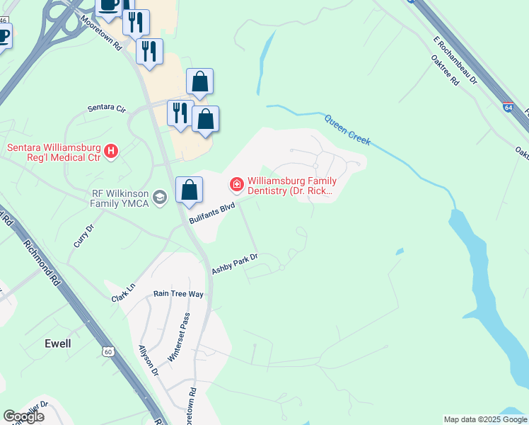 map of restaurants, bars, coffee shops, grocery stores, and more near 301 Ashby Park Drive in Williamsburg