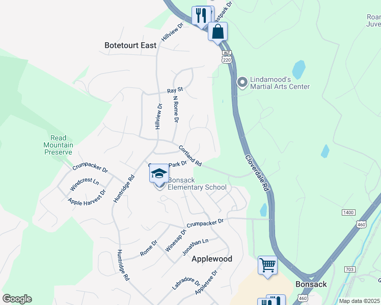 map of restaurants, bars, coffee shops, grocery stores, and more near 4940 Orchard Park Drive in Roanoke