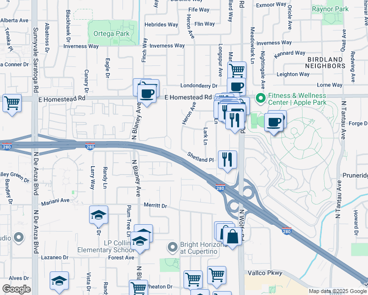 map of restaurants, bars, coffee shops, grocery stores, and more near 807 Shetland Place in Sunnyvale