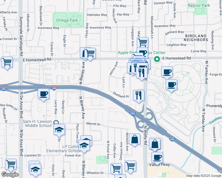 map of restaurants, bars, coffee shops, grocery stores, and more near 807 Shetland Place in Sunnyvale