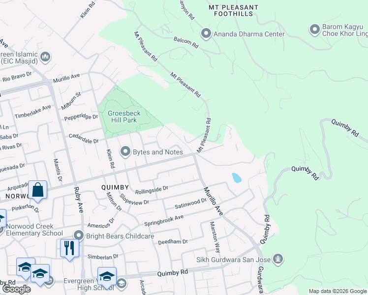 map of restaurants, bars, coffee shops, grocery stores, and more near 3682 Norwood Avenue in San Jose