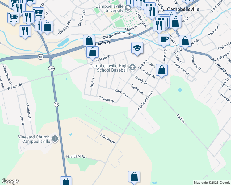 map of restaurants, bars, coffee shops, grocery stores, and more near 200-398 Summit Dr in Campbellsville