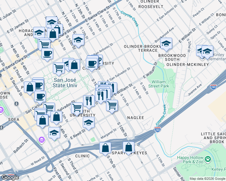map of restaurants, bars, coffee shops, grocery stores, and more near 475 East William Street in San Jose