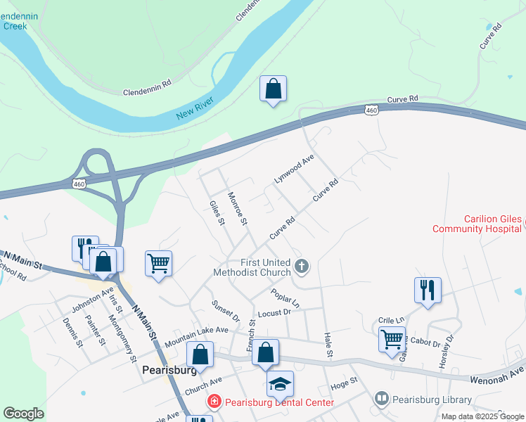 map of restaurants, bars, coffee shops, grocery stores, and more near 500 Monroe St in Pearisburg